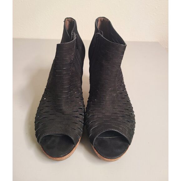 Paul Green Black Laser Cut Bootie Ankle Boots High Heels US 6.5 Peep Toe Suede - Picture 3 of 7